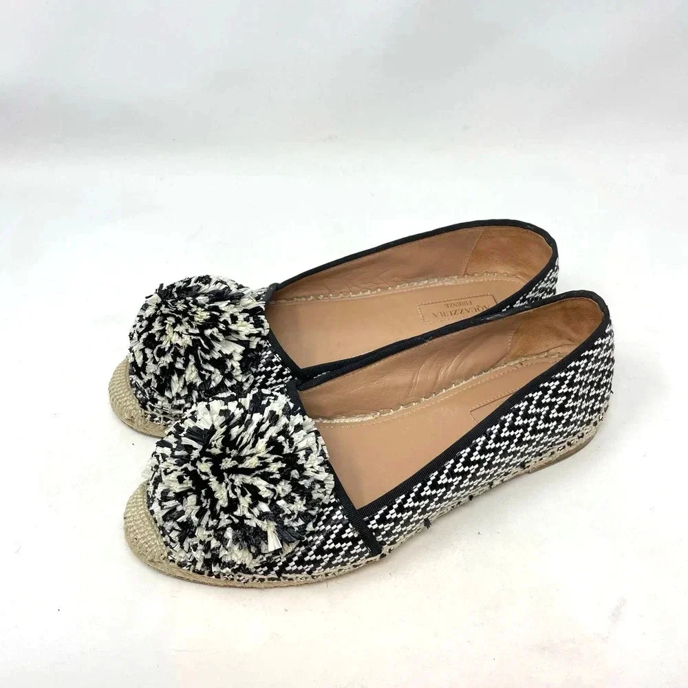 Aquazzura Pom Raffia Espadrille Flats Herringbone Black White Size 39 US‎ 9